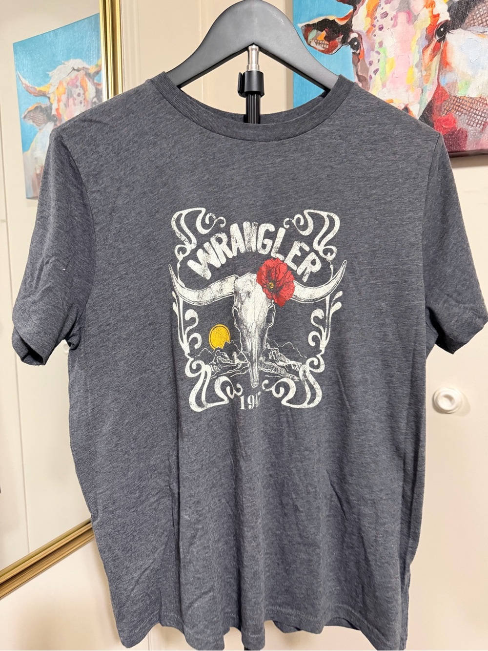 Wrangler Western Graphic T-Shirt Gray Bull Skull Rose Women’s Size L